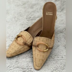 Stuart Weitzman Croc-Embossed Leather Heeled Mules Beige Sz 9